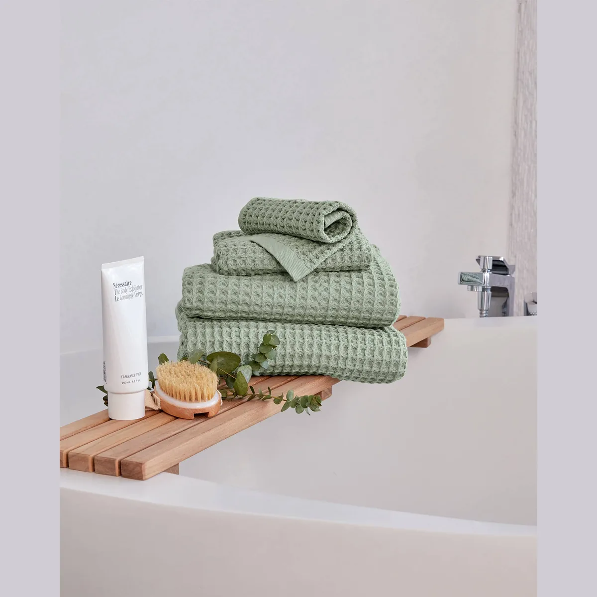 Onsen Waffelhandtücher in Salbei, drei Größen